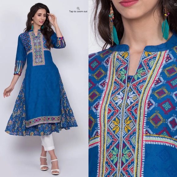 Ink Blue Cotton A Line Kurta - Picture 4 of 5